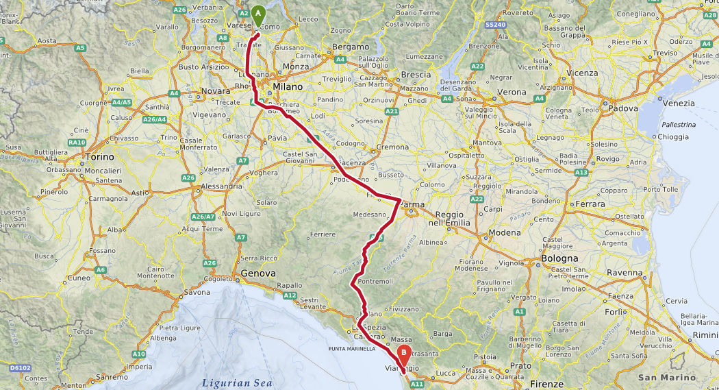 Karte: Route aus der Schweiz über Mailand, A15 und A12 in die Toskana