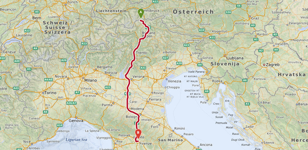 Karte: Route vom Brenner über A22 und A1 in die Toskana
